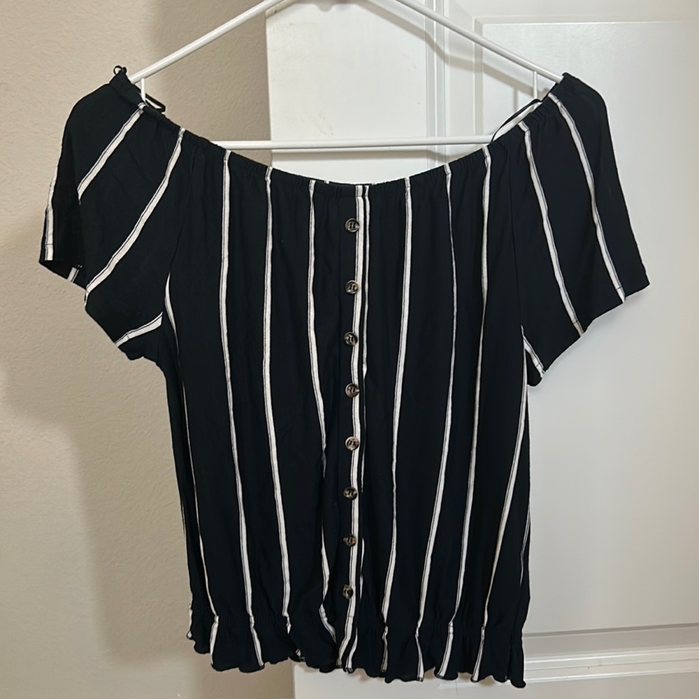 striped off the shoulder top, navy and white